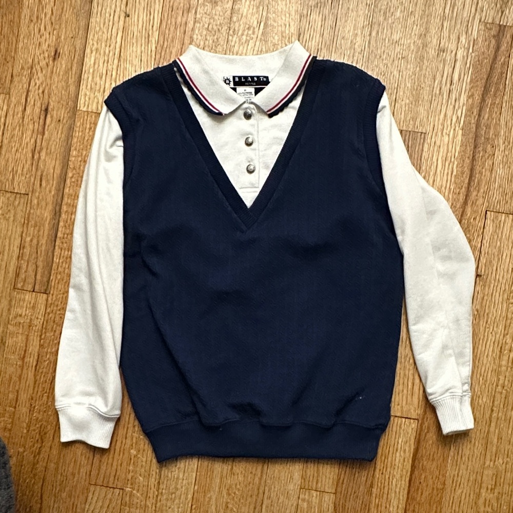 BLAST- Classic vintage Navy and Cream V-Neck Women's Top